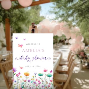 Baby in Bloom Shower Willkommensschild Vorlage | Frühling Sommer Wildblumen Schmetterling Digital Download