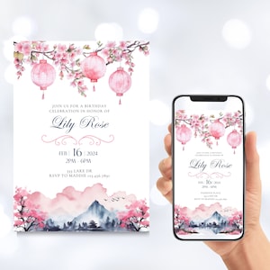 Roze Japanse lantaarn verjaardagsuitnodiging, oosterse verjaardag Evite, digitale download, bewerkbare aangepaste sjabloon, Girls Party Canva Invite