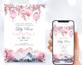 Black Pink Green Japanese Lantern Birthday Invitation, Floral Cherry Blossom Evite Template, Digital Download, Girls Party Canva Invite