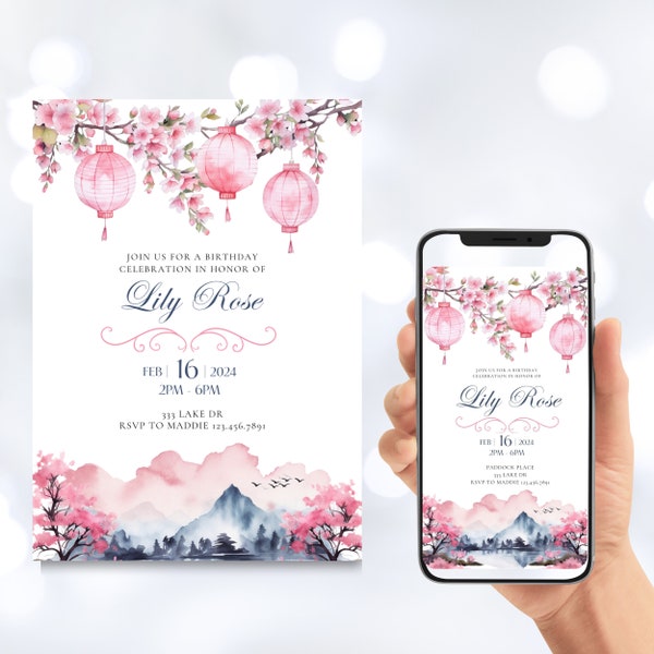 Pink Japanese Lantern Birthday Invitation, Oriental Birthday Evite, Digital Download, Editable Custom Template, Girls Party Canva Invite