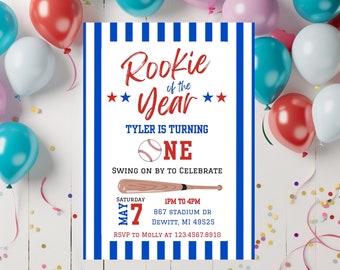 Rookie of the Year First Birthday Invitation, Editable Baseball 1st Birthday Invitation, Boy's First Birthday Party, Digital Download
