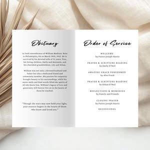 May include: A black and white order of service for a funeral. The text includes the name William Madison, the date of birth, and the names of family members. The order of service includes the welcome, prayer and scripture readings, amazing grace performed, reflections and memories, closing prayer, and recessional.