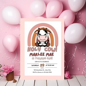 Holy Cow I&#39;m One Girls Birthday Invitation, Farm Birthday, First Birthday, Printable, Cow Birthday Invite Template, Editable Invitation