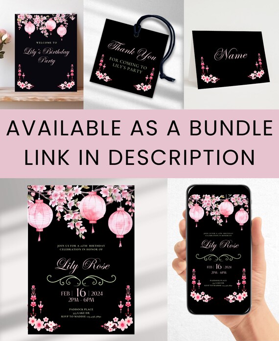 Black Pink Green Japanese Lantern Birthday Invitation, Floral Cherry Blossom Evite Template, Digital Download, Girls Party Canva Invite