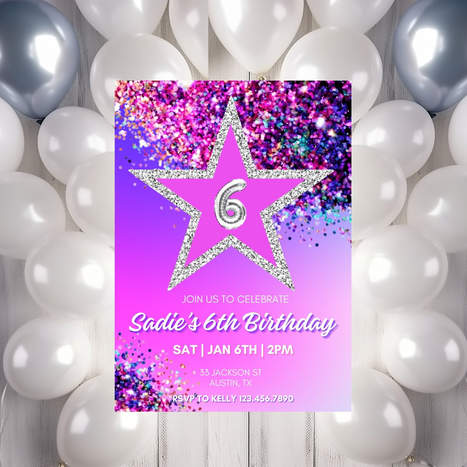 Pink and Silver Birthday Invitation Girls 6th Birthday Invitation Pink