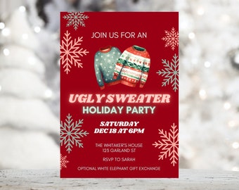 May include: Red invitation with snowflakes and two cartoon sweaters for an Ugly Sweater Holiday Party on Saturday, December 18th at 6 PM. The Whitaker's House, 123 Garland St. RSVP to Sarah. Optional White Elephant Gift Exchange.