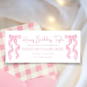 Modèle de chèque-cadeau personnalisé joyeux anniversaire pour filles, certificat vierge imprimable, coupon modifiable Coquette BCBG avec noeud rose, téléchargement numérique