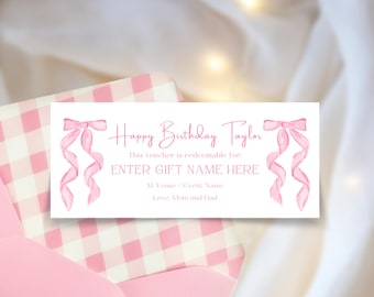 Girls Happy Birthday Custom Gift Voucher Template, Printable Blank Certificate, Coquette Preppy Pink Bow Editable Coupon, Digital Download