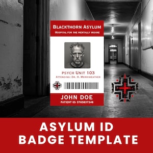 Plantilla de credencial de paciente de manicomio, pulsera de hospital personalizable, imprimible y editable, disfraz de Halloween para sala psiquiátrica.