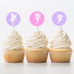 Fairy First Birthday Cupcake Toppers, Magical Fairy Party Decor, Pink and Purple 1st Birthday Decorations, Party Printables, Girls Bday