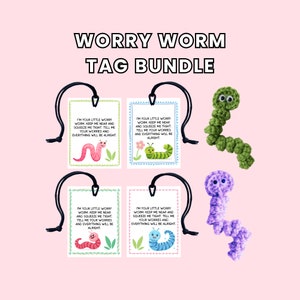 Tarjetas de productos de gusano de preocupación de ganchillo y etiquetas de regalo, amigo para aliviar la ansiedad imprimible, poema editable, TDAH, mascota calmante para el estrés, plantilla Canva