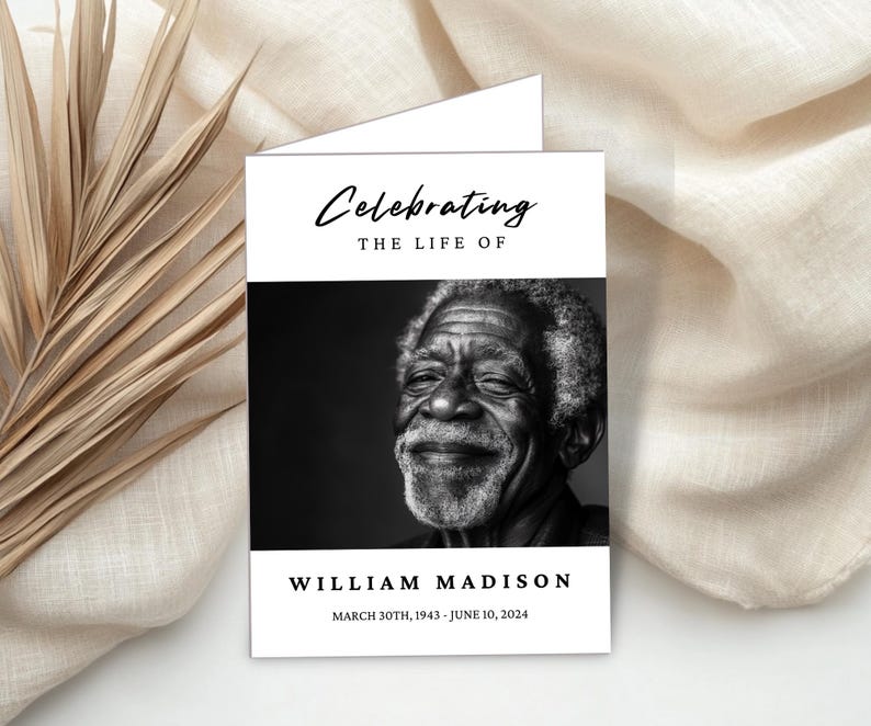 May include: Black and white photo memorial card with the text "Celebrating the Life of William Madison March 30th, 1943 - June 10, 2024".