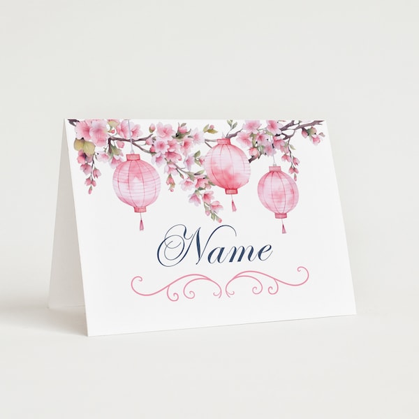 Japanese Lantern Birthday Name Cards, Cherry Blossom Folded Place Holder Cards, Sakura, Japanese Landscape Table Numbers, Digital Download