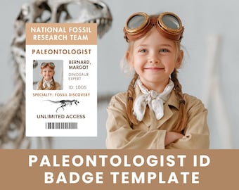 Paleontologist ID Badge, Dinosaur Themed Editable Name Tag Template for Kids, Party Supplies, Printable Badge