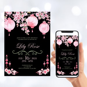 Könnte beinhalten: Eine digitale Einladung in Schwarz und Rosa mit einem floralen Design und Laternen. Die Einladung ist für eine 16. Geburtstagsfeier für Lily Rose. Die Veranstaltung findet am 16. Februar 2024 von 14:00 bis 18:00 Uhr in Paddock Place, 333 Lake Dr. statt. RSVP an Maddie unter 123-456-7891.