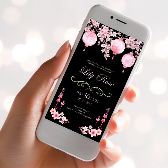 Black Pink Green Japanese Lantern Birthday Invitation, Floral Cherry Blossom Evite Template, Digital Download, Girls Party Canva Invite