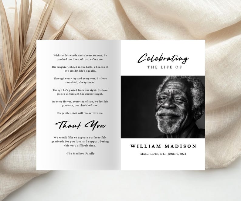 May include: Black and white photo of a man smiling. The text "Celebrating the Life of William Madison March 30th, 1943 - June 10, 2024" is below the photo. The text "Thank You" is on the left side of the image with the text "The Madison Family" below it.
