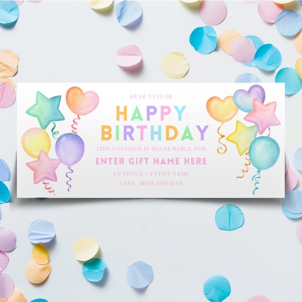 Happy Birthday Custom Gift Voucher Template | Editable Pastel Rainbow Certificate With Balloons | Personalized Instant Digital Download