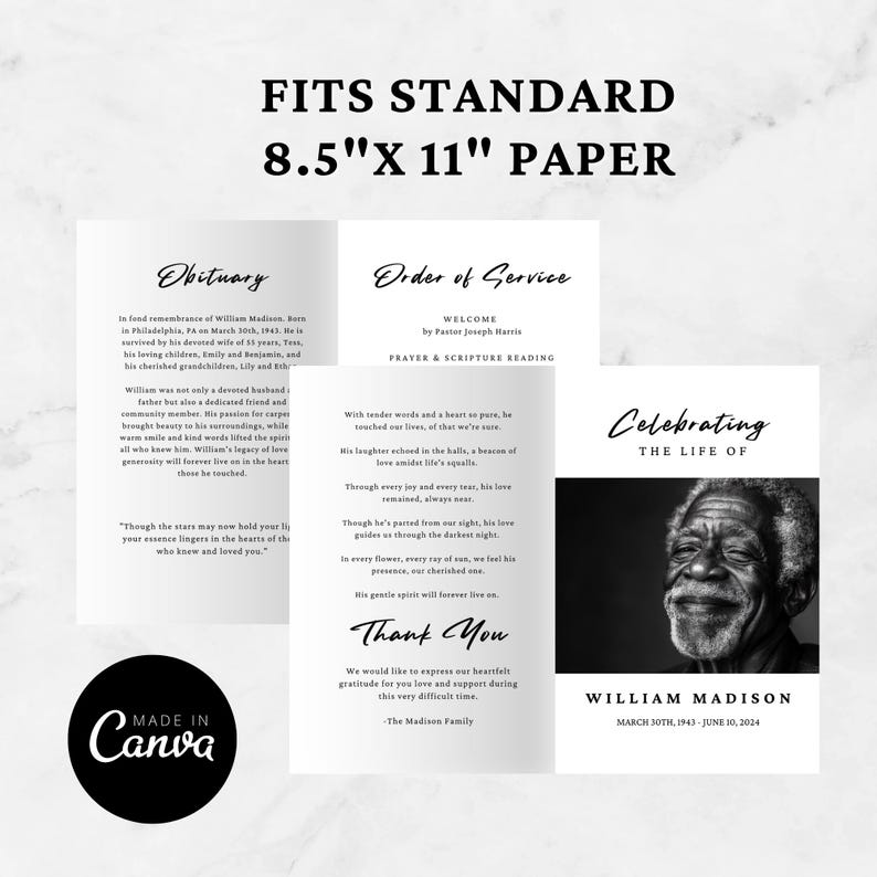May include: Black and white funeral program template with the text "Celebrating the Life of William Madison" and the dates "March 30th, 1943 - June 10, 2024". A black and white photo of a man is in the upper right corner of the program.