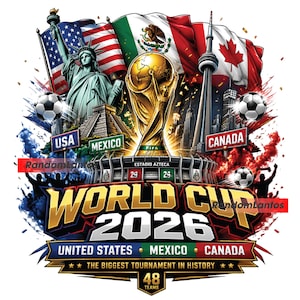 May include: A graphic illustration for the 2026 World Cup featuring the gold trophy, the Statue of Liberty, Estadio Azteca, and the CN Tower. Flags of the USA, Mexico, and Canada are displayed with soccer balls and the text World Cup 2026.