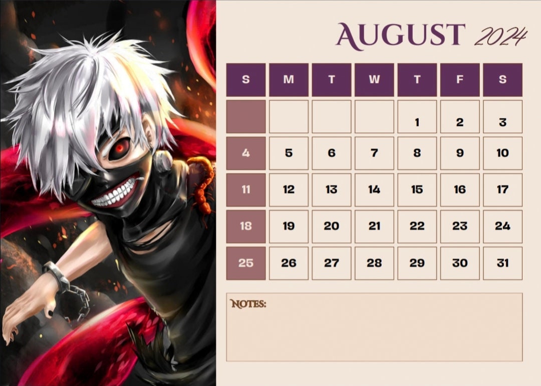 Tokyo Ghoul Calendar 2024 Digital Template Digital (Instant Download