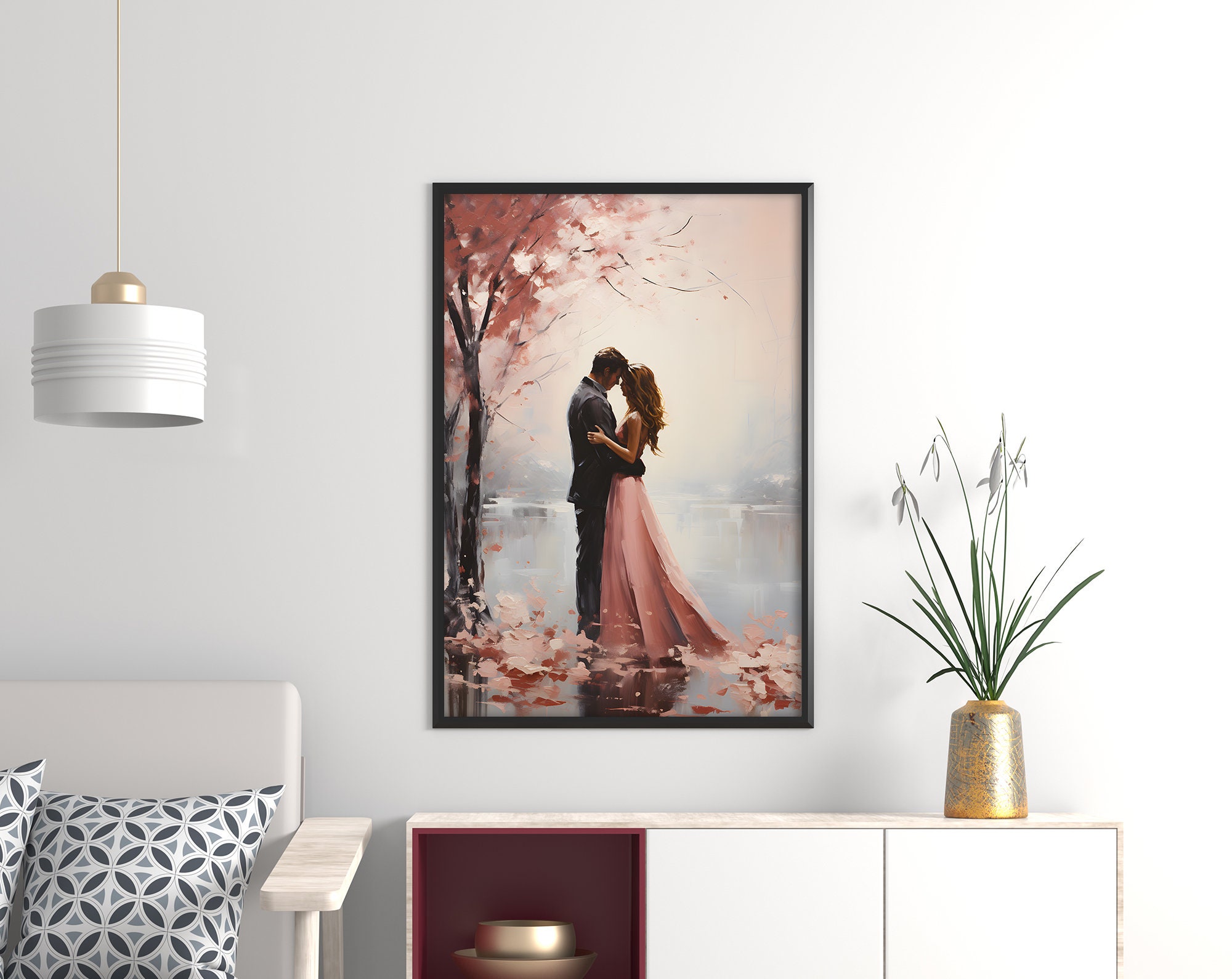 Loving Couple Hugs Stands Under A Tree Printable Wall Art Romantic ...