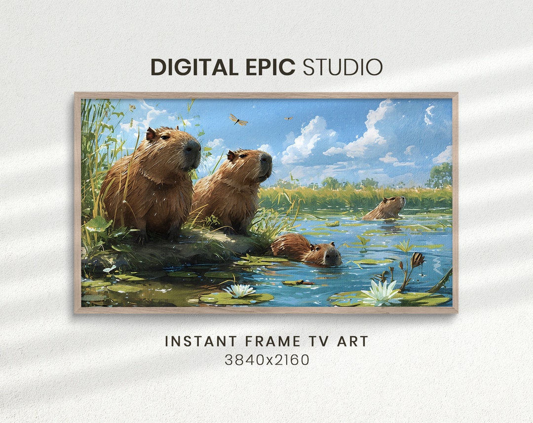 Capybara Frame TV Art, Capybara Family in Lake on Spring Season ...