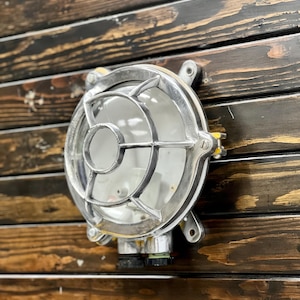 Refurbished Aluminum Bulkhead Light – Nautical Ship Salvage Wall/Ceiling Deck Fixture with Polished Cage