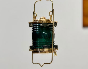 Marine Original PERKO, Ship Salvage Old Brass Reclaimed Maritime Industrial Hanging Nautical Electric Lamp - Dark Green Glass