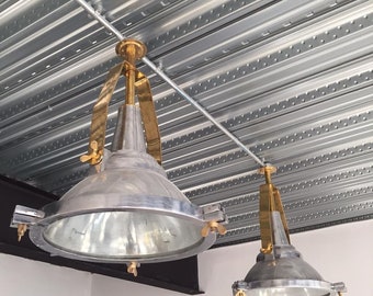 Industrial Retro Style Ceiling Mount Aluminum & Brass Metal Nautical Big Pendant Light Fixture