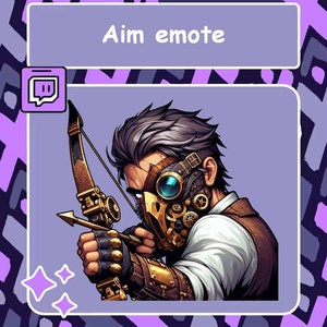 Puede incluir: Ilustración de un arquero steampunk con arco y flecha, usando una máscara y gafas adornadas con engranajes. La imagen incluye el texto "Aim emote" y un logo de Twitch, sobre un fondo morado con patrones.