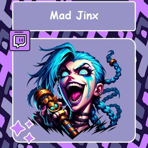 Mad Jinx Twitch Emote, Jinx Emote, Discord emote, League of Legends Emote, YouTube emote, Sub badge, Cheer badge, LoL Emote, Stream emote
