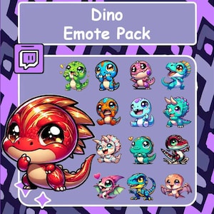 Dino Twitch emotes, Discord emotes, Chibi emotes, Dinosaur emotes, YouTube emotes, Sub badge, Cheer Badge, Emote pack, T-rex emotes, Dinos