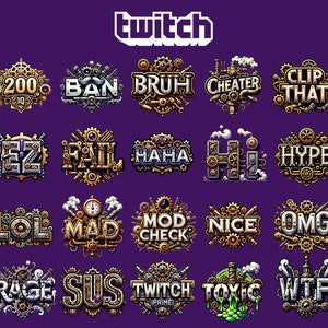 26 pieces Twitch emotes, Discord emotes, Steampunk emotes, cool emote, text emotes, YouTube emote, Tiktok emotes