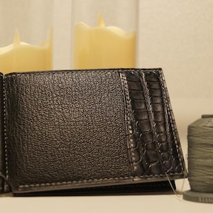 Cartera de lujo hecha a mano de cuero genuino negro, monedero con clip para dinero, tarjetero para hombre, clip para billetes, regalo para hombres