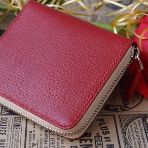 Cartera de mujer de piel de cabra hecha a mano Cartera de piel roja con costuras a mano Cartera compacta de mujer de piel auténtica