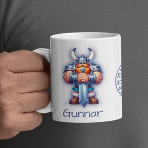 Personalized Viking Coffee Cup, Gunnar the Giant, 11 oz White Ceramic Mug, Cartoon Character Coffee Cup, Custom Viking Mug, Novelty Gift