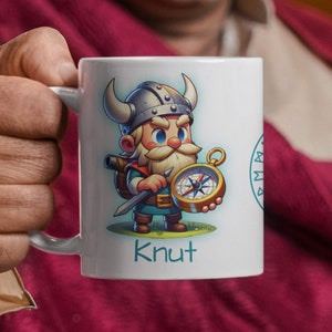 Personalized Viking Coffee Cup, Knut the Navigator, 11 oz White Ceramic Mug, Cartoon Character Coffee Cup, Custom Viking Mug, Novelty Gift