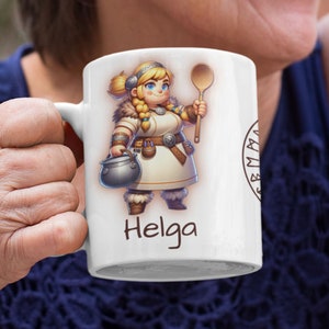 Personalized Viking Coffee Cup, Helga the Hardy, 11 oz White Ceramic Mug, Cartoon Character Coffee Cup, Custom Viking Mug, Novelty Gift