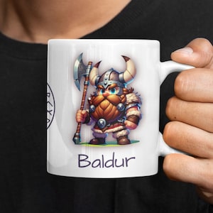 Personalized Viking Coffee Cup, Baldur the Brave, 11 oz White Ceramic Mug, Cartoon Character Coffee Cup, Custom Viking Mug, Novelty Gift
