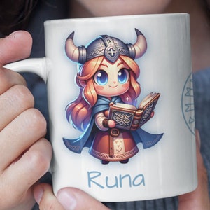 Personalized Viking Coffee Cup, Runa the Riddler, 11 oz White Ceramic Mug, Cartoon Character Coffee Cup, Custom Viking Mug, Novelty Gift