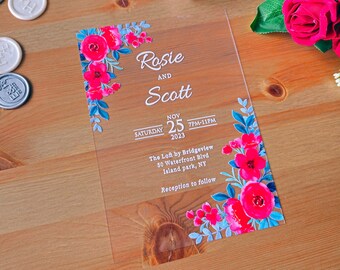 Acryl bruiloft uitnodiging met witte letters en rode bloemen, aangepaste uitnodiging, transparante uitnodiging, Quinceanera Card, Sweet 16 verjaardag
