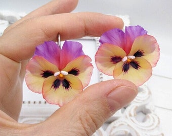 Polymer clay jewelry Real Pansy earrings Unique earrings Artisan Jewelry Statement earrings loc jewelry Boho earrings Pansies jewelry