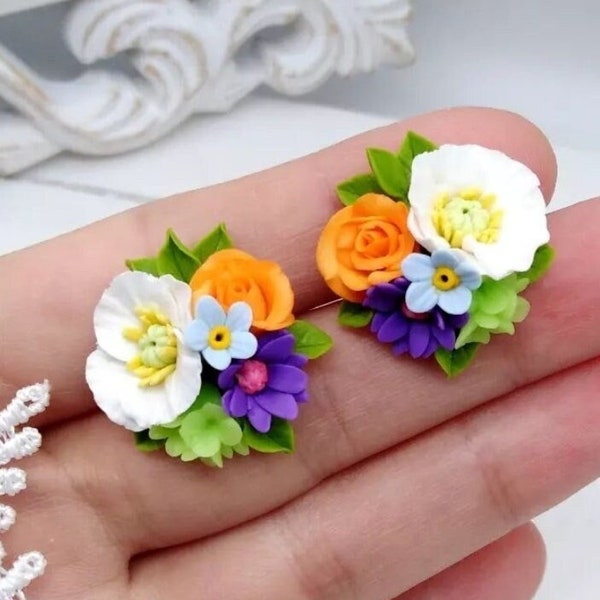 Bright stud earrings polymer clay, white poppies, orange roses, summer bouquet, wildflowers, bright jewelry, gift box