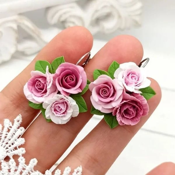 Set of pendant studs and earrings with miniature flowers polymer clay jewelry miniature roses dusty pink jewelry winter earrings