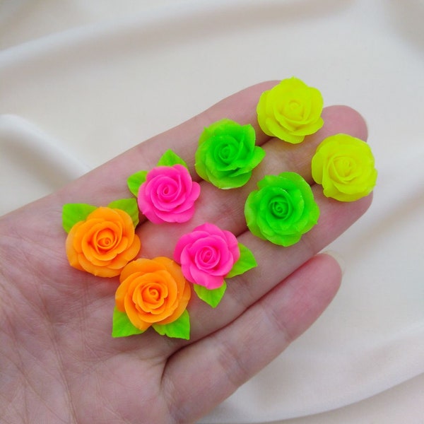 Neon Studs Earrings with Roses, miniature flowers, floral jewelry, polymer clay roses, miniature stud earrings, rainbow colors, neon rose