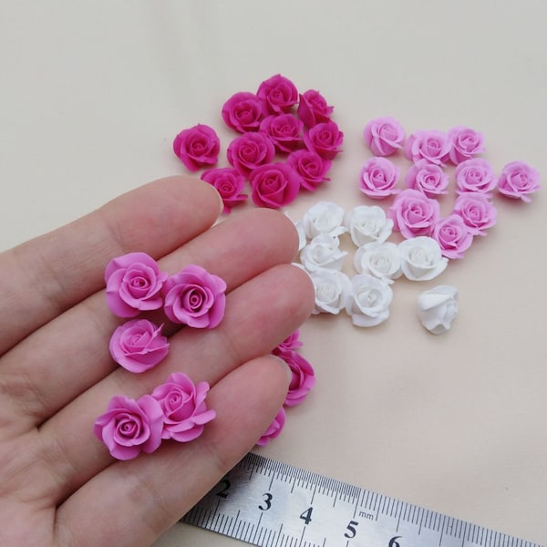 Perle en pâte polymère pour bijoux roses Perles roses roses Accessoires pour bijoux Perle fuchsia rose blanche avec trou 10 pcs miniature réaliste