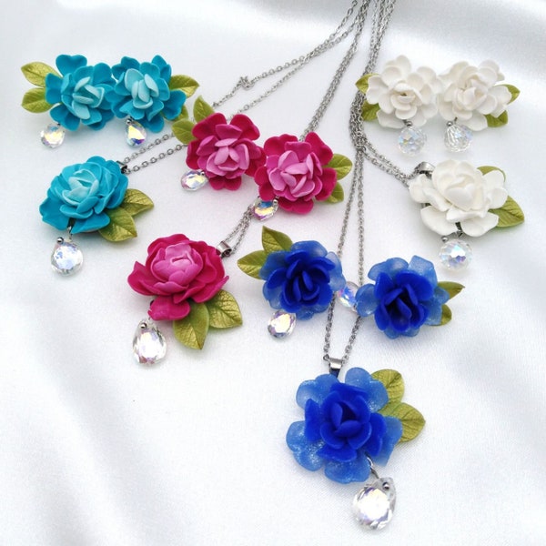 Set Necklace earrings Miniature flowers Polymer clay jewelry Peonies Gardenia earrings Cristal beads Wedding jewelry Flower earrings Pendant