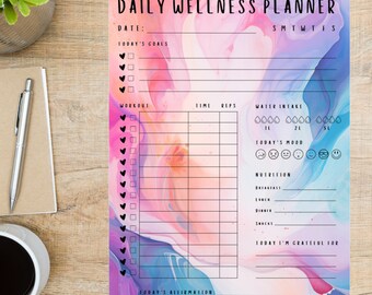 Fluid Art Printable Daily Wellness Planner | A4 & A5 | Galaxy | Health | Fitness | Gratitude | Daily Tracker | Goal Setting | Motivation