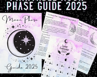 May include: Printable Moon Phase Guide 2025 with a watercolour background in shades of pink and blue. The guide includes a calendar with moon phases for each month of the year, along with descriptions of the moon's energy and how to work with it.